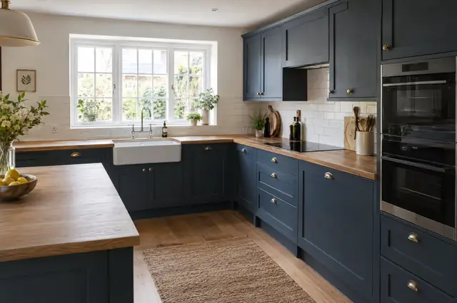 Newly fitted navy shaker kitchen with oak worktops and a butler sink