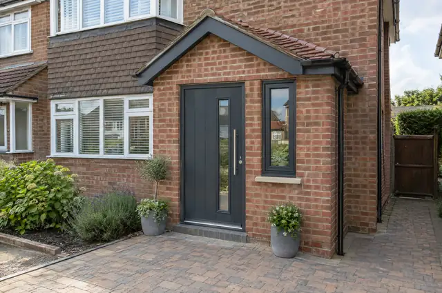 New brick porch with tiled pitched roof and anthracite composite door on a semi-detached house